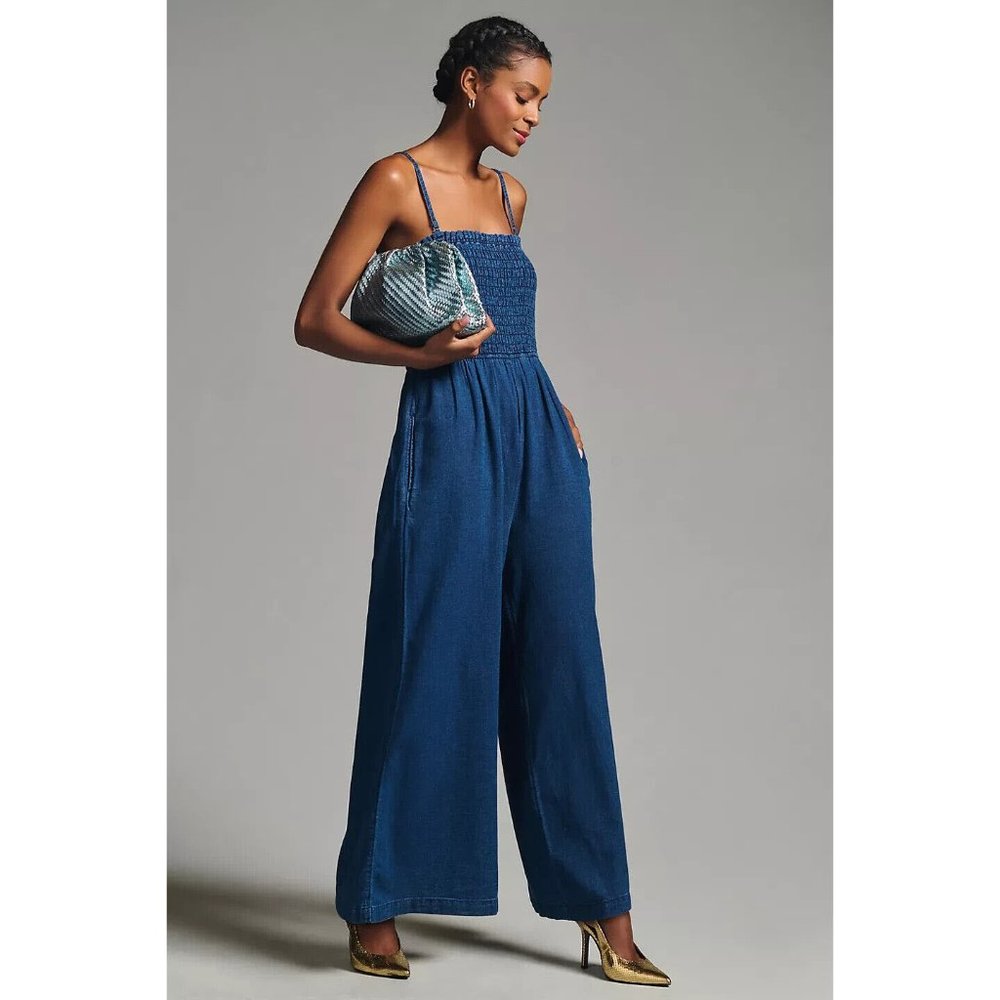 Anthropologie Pilcro Smocked Romper Jumpsuit Dress Denim Ruffle S New